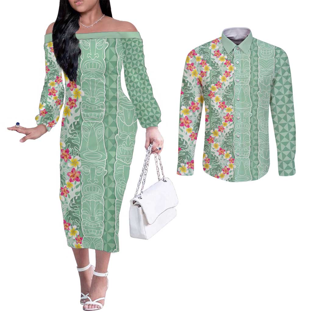 Menthol Green Aloha Hawaii Tiki Couples Matching Off The Shoulder Long Sleeve Dress and Long Sleeve Button Shirt Tropical Plumeria - Seamless Style LT14 Green - Polynesian Pride