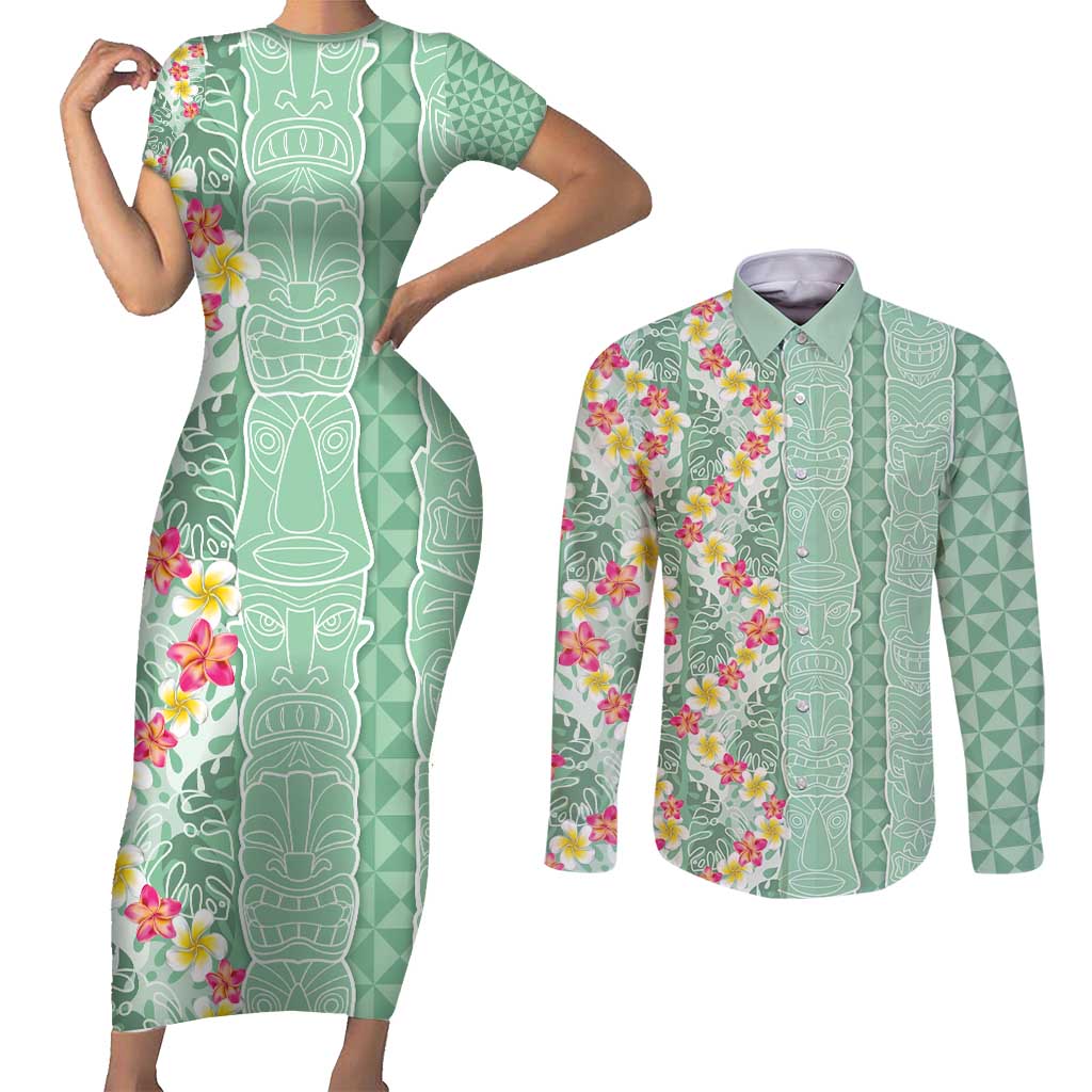 Menthol Green Aloha Hawaii Tiki Couples Matching Short Sleeve Bodycon Dress and Long Sleeve Button Shirt Tropical Plumeria - Seamless Style LT14 Green - Polynesian Pride