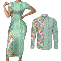 Menthol Green Aloha Hawaii Tiki Couples Matching Short Sleeve Bodycon Dress and Long Sleeve Button Shirt Tropical Plumeria - Seamless Style LT14 Green - Polynesian Pride