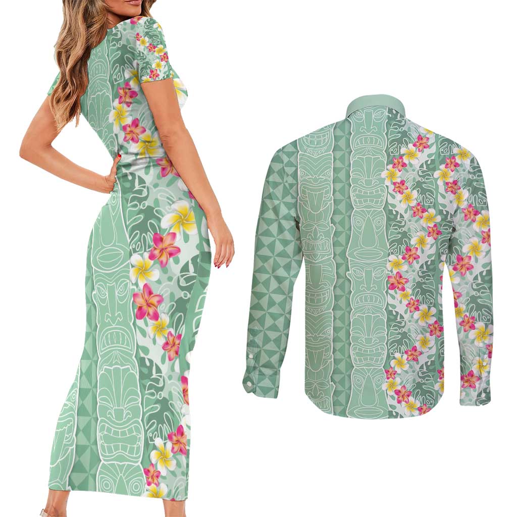 Menthol Green Aloha Hawaii Tiki Couples Matching Short Sleeve Bodycon Dress and Long Sleeve Button Shirt Tropical Plumeria - Seamless Style LT14 - Polynesian Pride