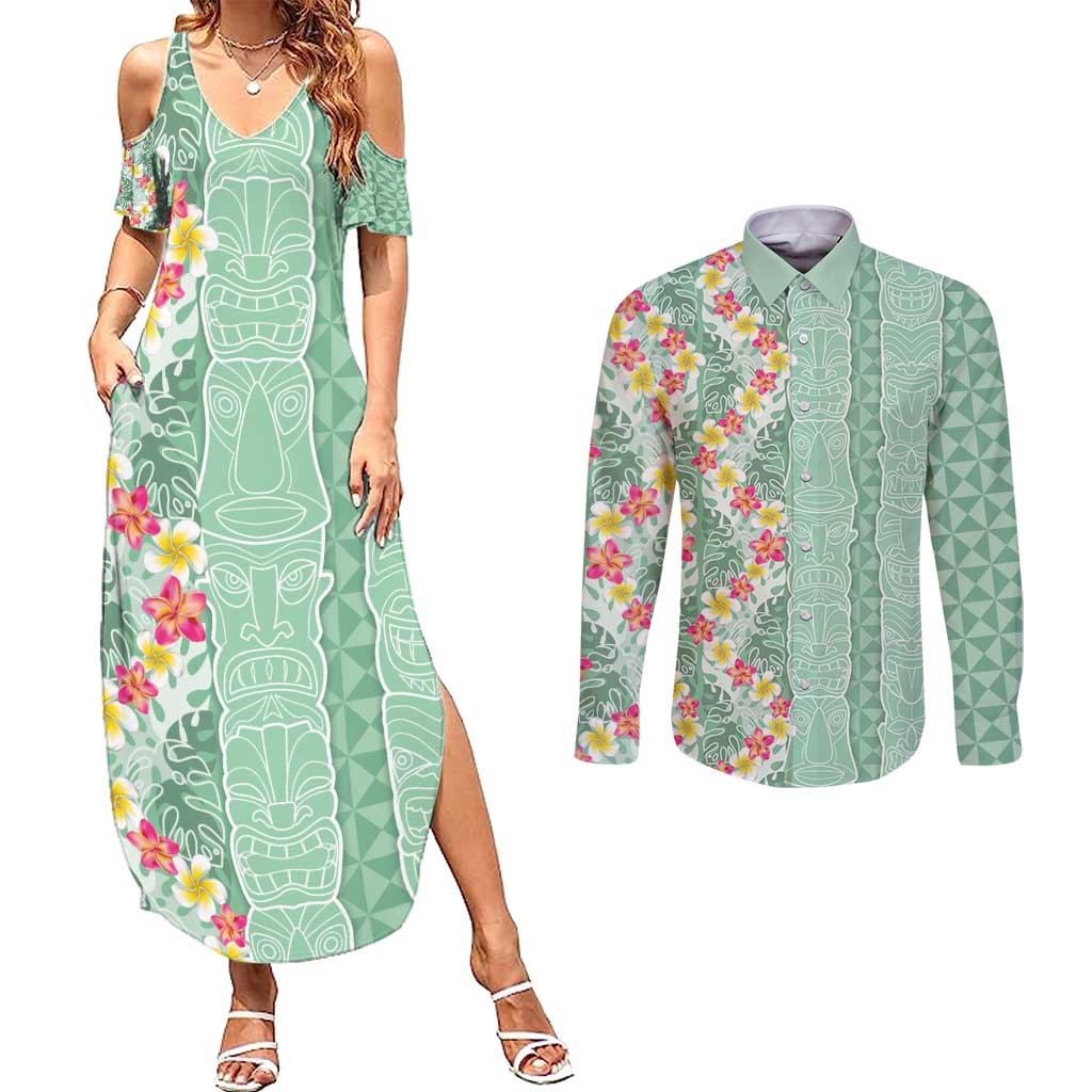 Menthol Green Aloha Hawaii Tiki Couples Matching Summer Maxi Dress and Long Sleeve Button Shirt Tropical Plumeria - Seamless Style LT14 Green - Polynesian Pride