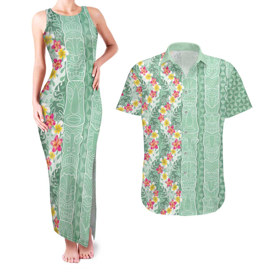 Menthol Green Aloha Hawaii Tiki Couples Matching Tank Maxi Dress and Hawaiian Shirt Tropical Plumeria - Seamless Style LT14 Green - Polynesian Pride