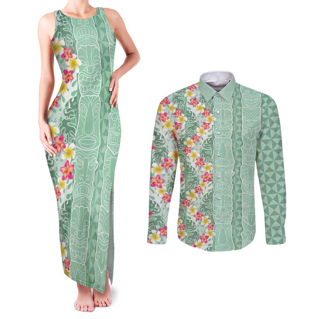 Menthol Green Aloha Hawaii Tiki Couples Matching Tank Maxi Dress and Long Sleeve Button Shirt Tropical Plumeria - Seamless Style LT14 Green - Polynesian Pride