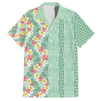 Menthol Green Aloha Hawaii Tiki Family Matching Off Shoulder Maxi Dress and Hawaiian Shirt Tropical Plumeria - Seamless Style