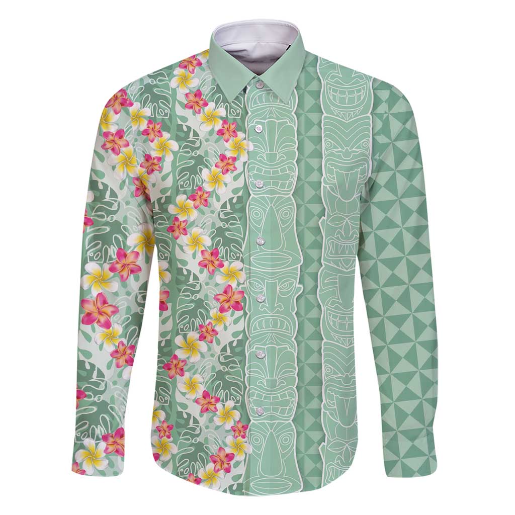 Menthol Green Aloha Hawaii Tiki Family Matching Off Shoulder Short Dress and Hawaiian Shirt Tropical Plumeria - Seamless Style