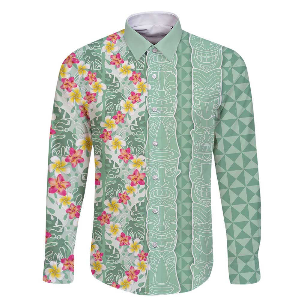 Menthol Green Aloha Hawaii Tiki Family Matching Puletasi and Hawaiian Shirt Tropical Plumeria - Seamless Style
