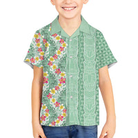 Menthol Green Aloha Hawaii Tiki Family Matching Puletasi and Hawaiian Shirt Tropical Plumeria - Seamless Style