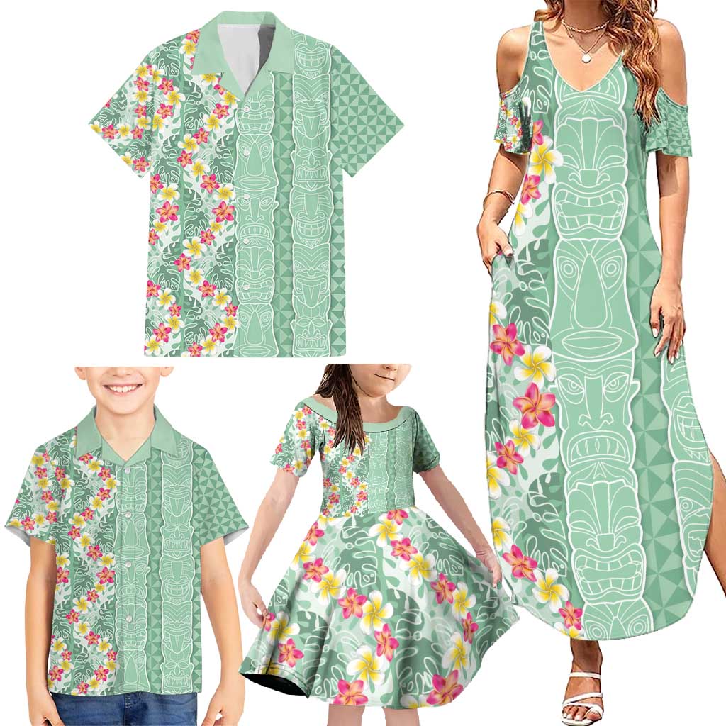 Menthol Green Aloha Hawaii Tiki Family Matching Summer Maxi Dress and Hawaiian Shirt Tropical Plumeria - Seamless Style