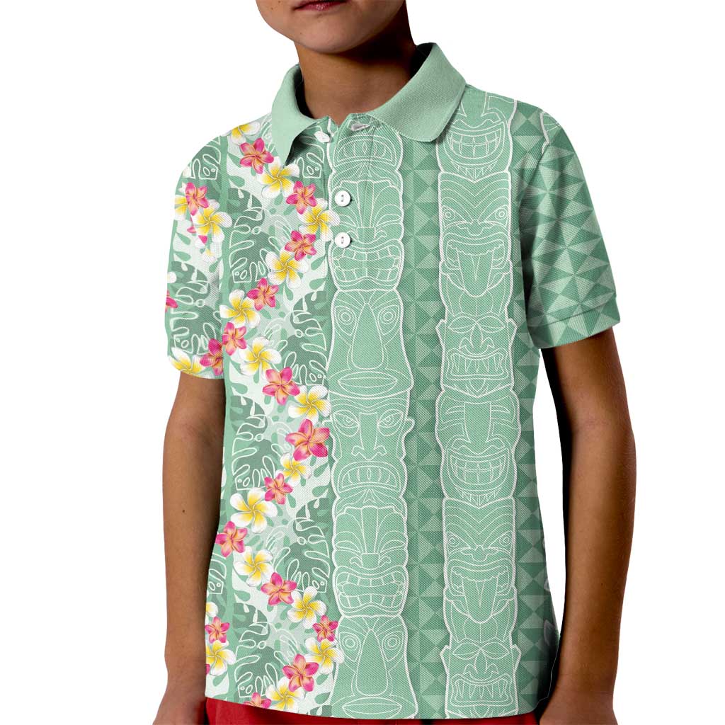 Menthol Green Aloha Hawaii Tiki Kid Polo Shirt Tropical Plumeria - Seamless Style