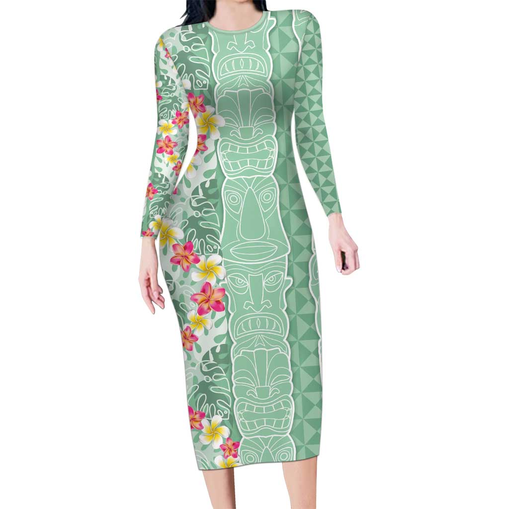 Menthol Green Aloha Hawaii Tiki Long Sleeve Bodycon Dress Tropical Plumeria - Seamless Style