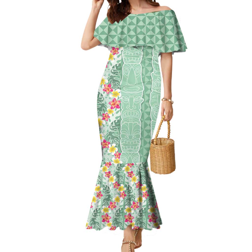 Menthol Green Aloha Hawaii Tiki Mermaid Dress Tropical Plumeria - Seamless Style