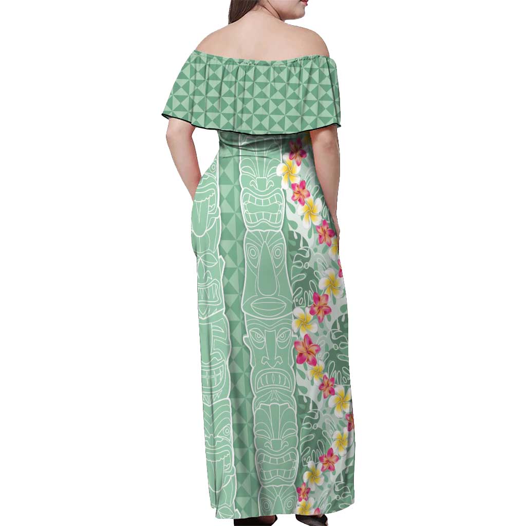 Menthol Green Aloha Hawaii Tiki Off Shoulder Maxi Dress Tropical Plumeria - Seamless Style LT14 - Polynesian Pride