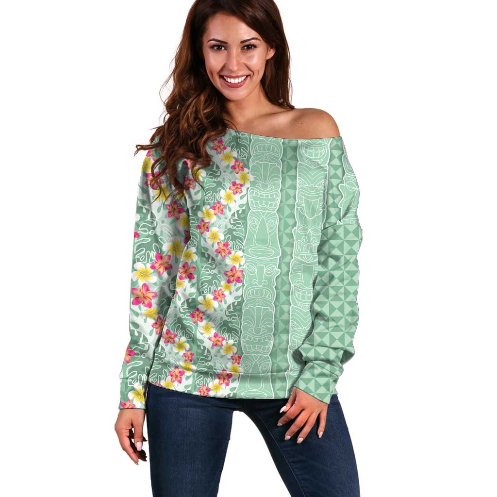 Menthol Green Aloha Hawaii Tiki Off Shoulder Sweater Tropical Plumeria - Seamless Style