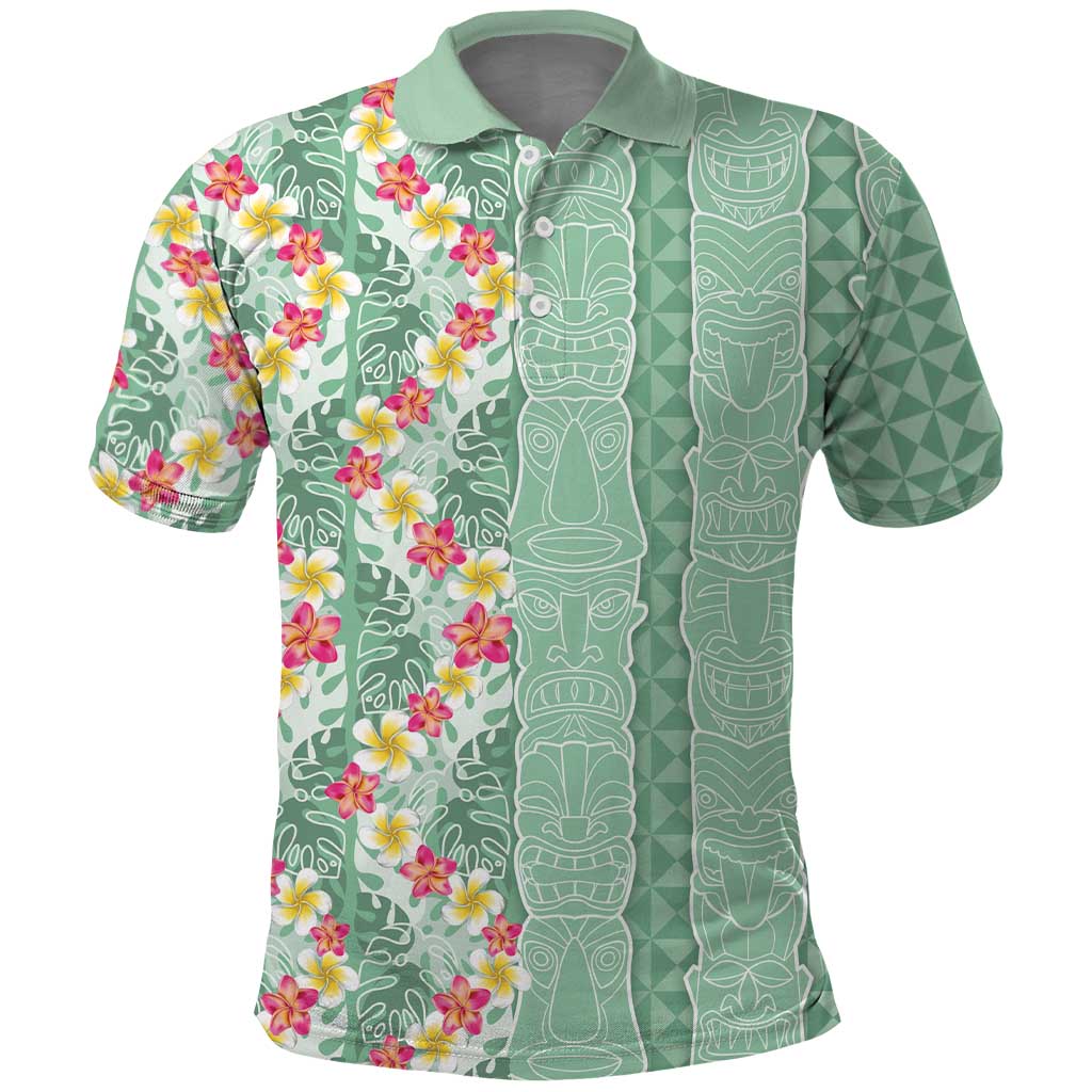 Menthol Green Aloha Hawaii Tiki Polo Shirt Tropical Plumeria - Seamless Style