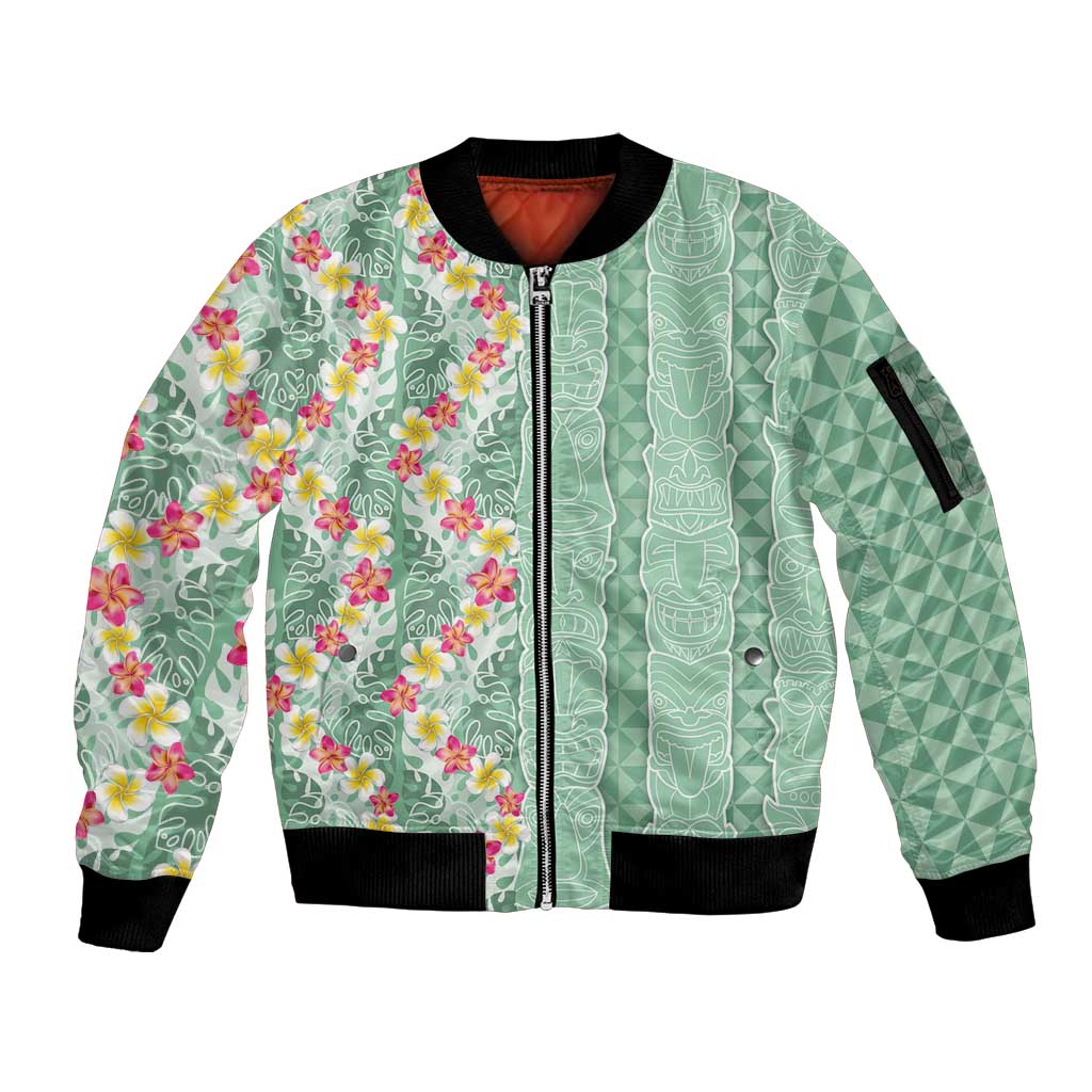 Menthol Green Aloha Hawaii Tiki Sleeve Zip Bomber Jacket Tropical Plumeria - Seamless Style