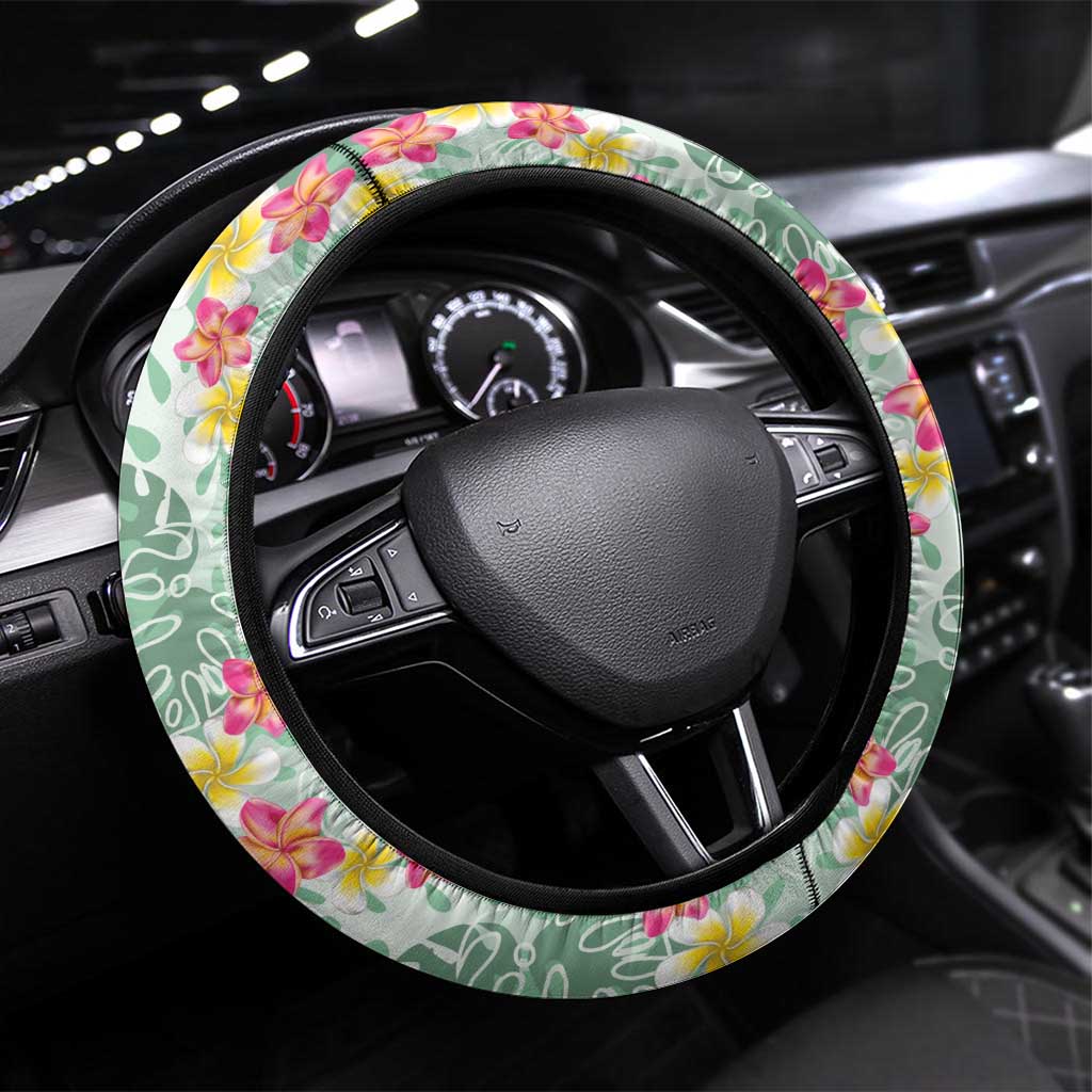 Menthol Green Aloha Hawaii Tiki Steering Wheel Cover Tropical Plumeria - Seamless Style