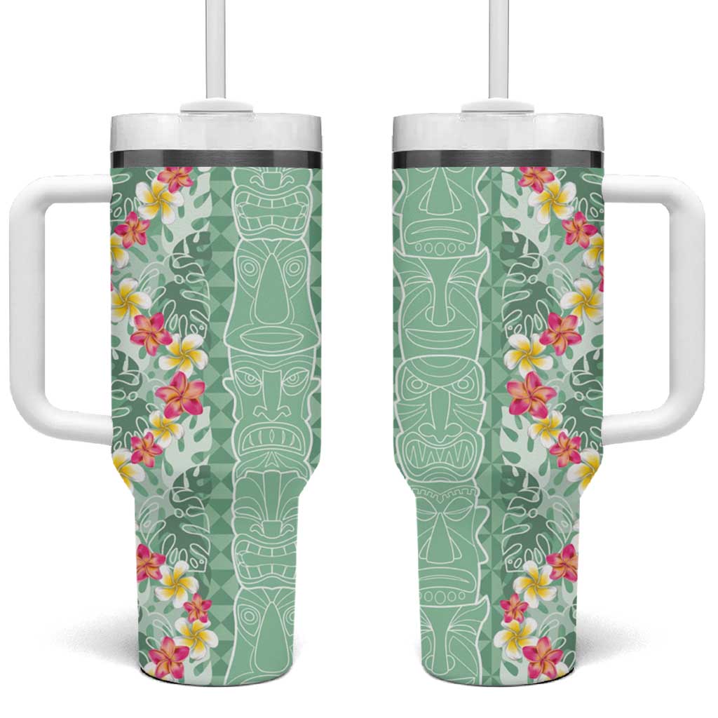 Menthol Green Aloha Hawaii Tiki Tumbler With Handle Tropical Plumeria - Seamless Style