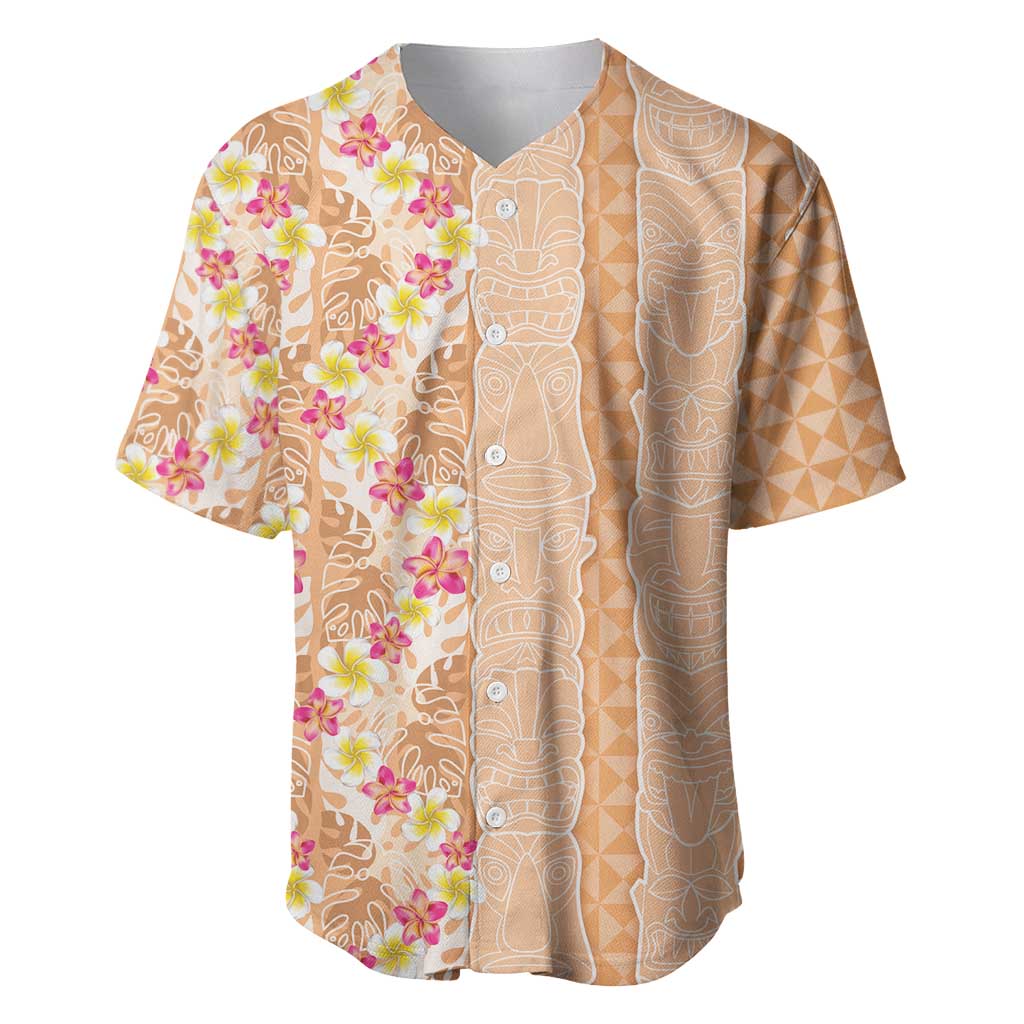 Orange Chiffon Aloha Hawaii Tiki Baseball Jersey Tropical Plumeria - Seamless Style