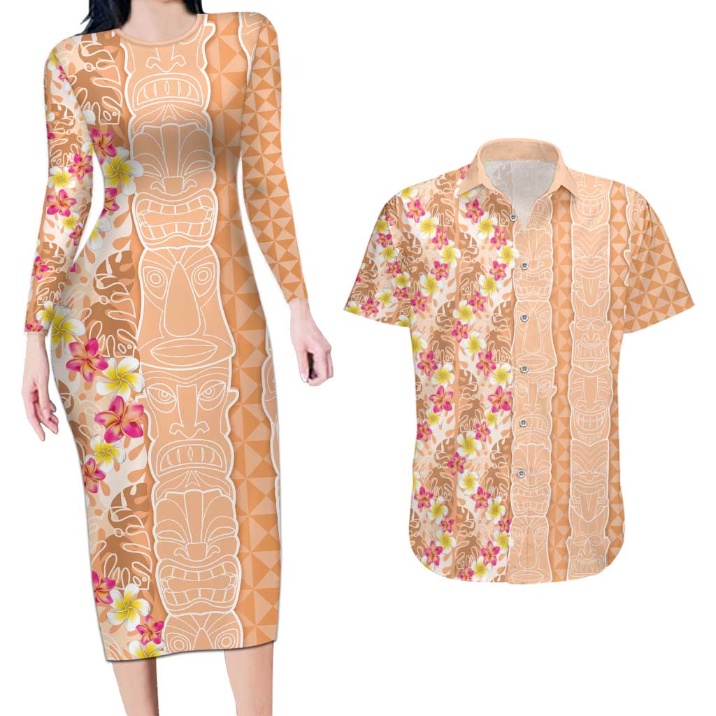 Orange Chiffon Aloha Hawaii Tiki Couples Matching Long Sleeve Bodycon Dress and Hawaiian Shirt Tropical Plumeria - Seamless Style