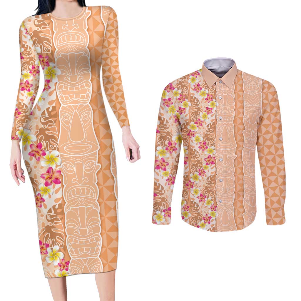 Orange Chiffon Aloha Hawaii Tiki Couples Matching Long Sleeve Bodycon Dress and Long Sleeve Button Shirt Tropical Plumeria - Seamless Style LT14 Orange - Polynesian Pride