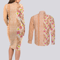 Orange Chiffon Aloha Hawaii Tiki Couples Matching Long Sleeve Bodycon Dress and Long Sleeve Button Shirt Tropical Plumeria - Seamless Style