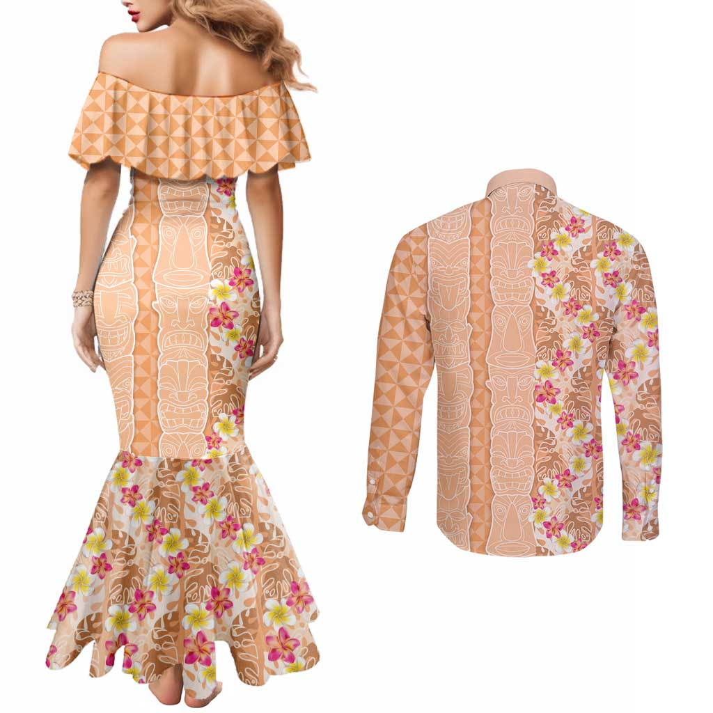 Orange Chiffon Aloha Hawaii Tiki Couples Matching Mermaid Dress and Long Sleeve Button Shirt Tropical Plumeria - Seamless Style