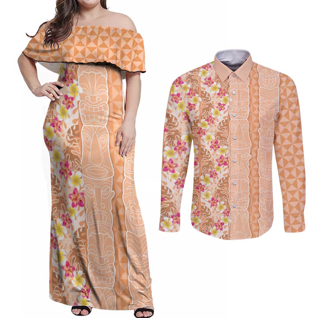 Orange Chiffon Aloha Hawaii Tiki Couples Matching Off Shoulder Maxi Dress and Long Sleeve Button Shirt Tropical Plumeria - Seamless Style