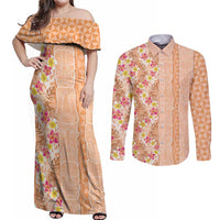 Orange Chiffon Aloha Hawaii Tiki Couples Matching Off Shoulder Maxi Dress and Long Sleeve Button Shirt Tropical Plumeria - Seamless Style