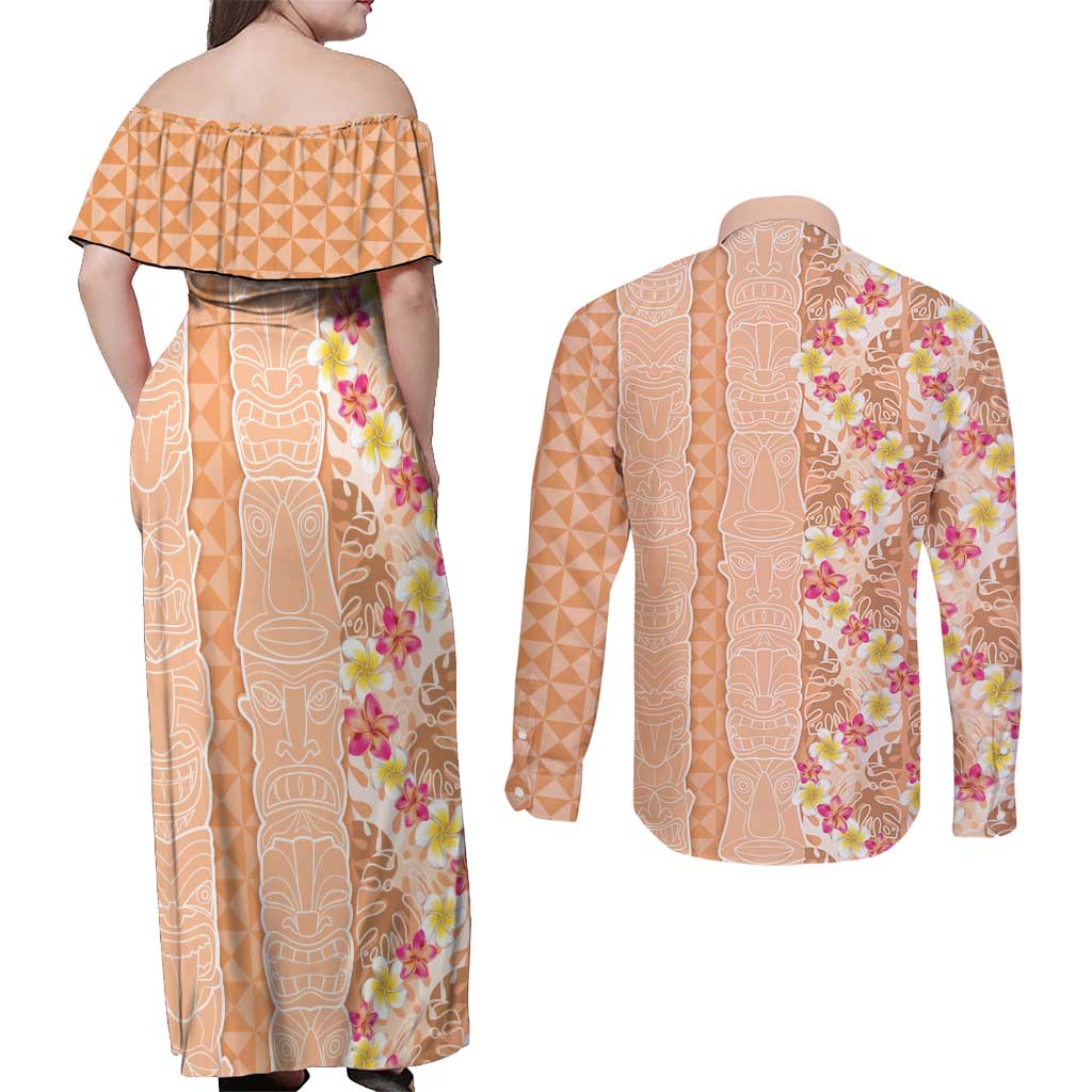 Orange Chiffon Aloha Hawaii Tiki Couples Matching Off Shoulder Maxi Dress and Long Sleeve Button Shirt Tropical Plumeria - Seamless Style