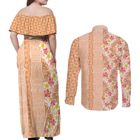 Orange Chiffon Aloha Hawaii Tiki Couples Matching Off Shoulder Maxi Dress and Long Sleeve Button Shirt Tropical Plumeria - Seamless Style