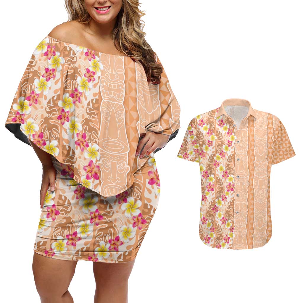 Orange Chiffon Aloha Hawaii Tiki Couples Matching Off Shoulder Short Dress and Hawaiian Shirt Tropical Plumeria - Seamless Style