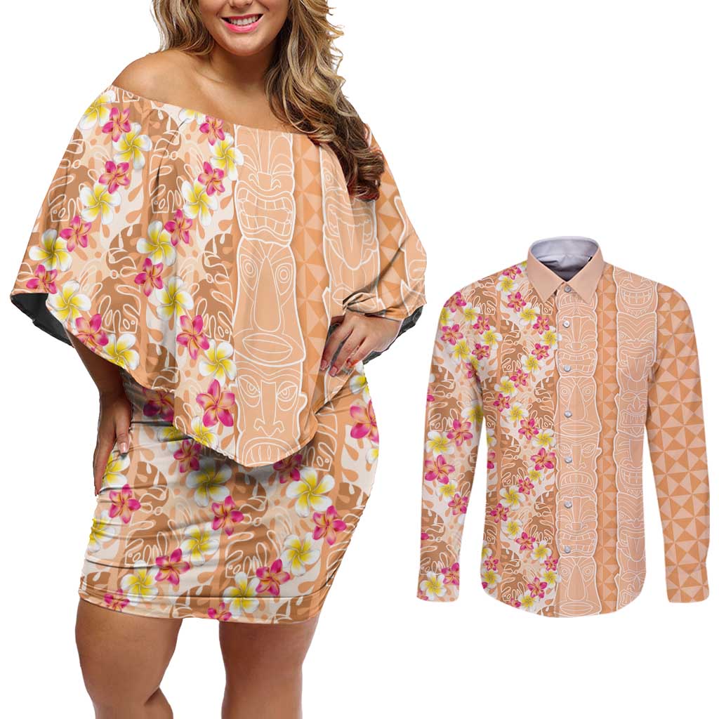 Orange Chiffon Aloha Hawaii Tiki Couples Matching Off Shoulder Short Dress and Long Sleeve Button Shirt Tropical Plumeria - Seamless Style LT14 Orange - Polynesian Pride
