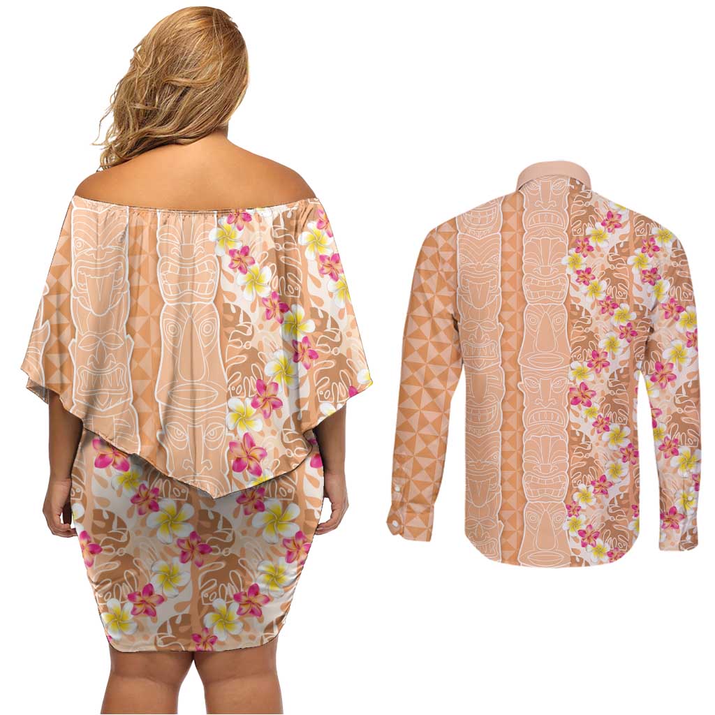 Orange Chiffon Aloha Hawaii Tiki Couples Matching Off Shoulder Short Dress and Long Sleeve Button Shirt Tropical Plumeria - Seamless Style LT14 - Polynesian Pride