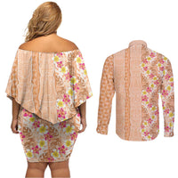 Orange Chiffon Aloha Hawaii Tiki Couples Matching Off Shoulder Short Dress and Long Sleeve Button Shirt Tropical Plumeria - Seamless Style LT14 - Polynesian Pride