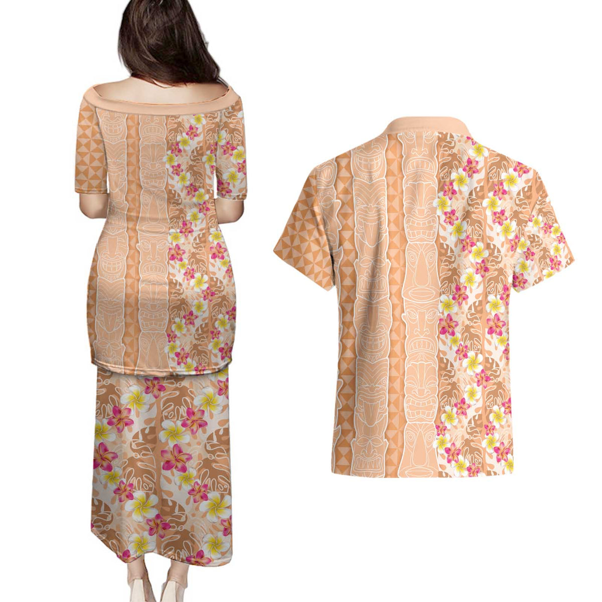 Orange Chiffon Aloha Hawaii Tiki Couples Matching Puletasi and Hawaiian Shirt Tropical Plumeria - Seamless Style
