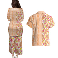 Orange Chiffon Aloha Hawaii Tiki Couples Matching Puletasi and Hawaiian Shirt Tropical Plumeria - Seamless Style