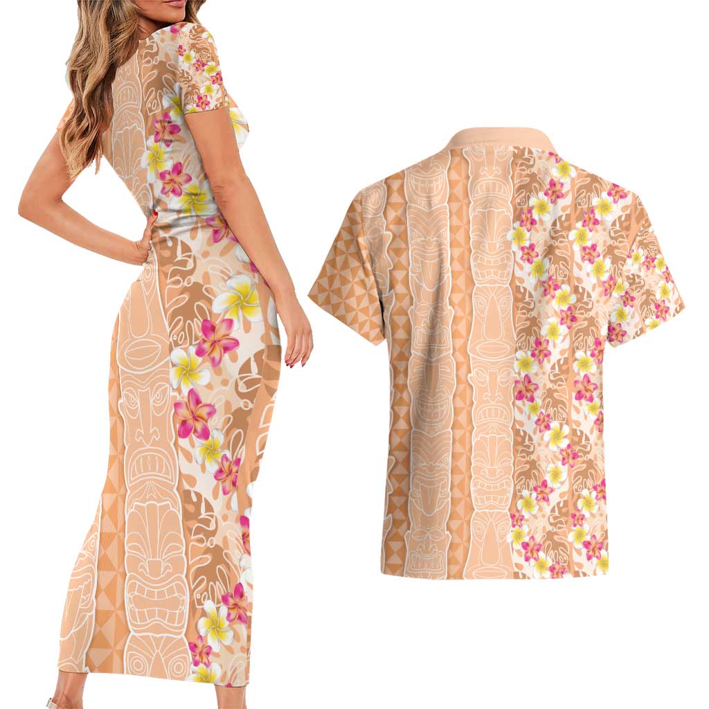 Orange Chiffon Aloha Hawaii Tiki Couples Matching Short Sleeve Bodycon Dress and Hawaiian Shirt Tropical Plumeria - Seamless Style