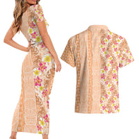 Orange Chiffon Aloha Hawaii Tiki Couples Matching Short Sleeve Bodycon Dress and Hawaiian Shirt Tropical Plumeria - Seamless Style