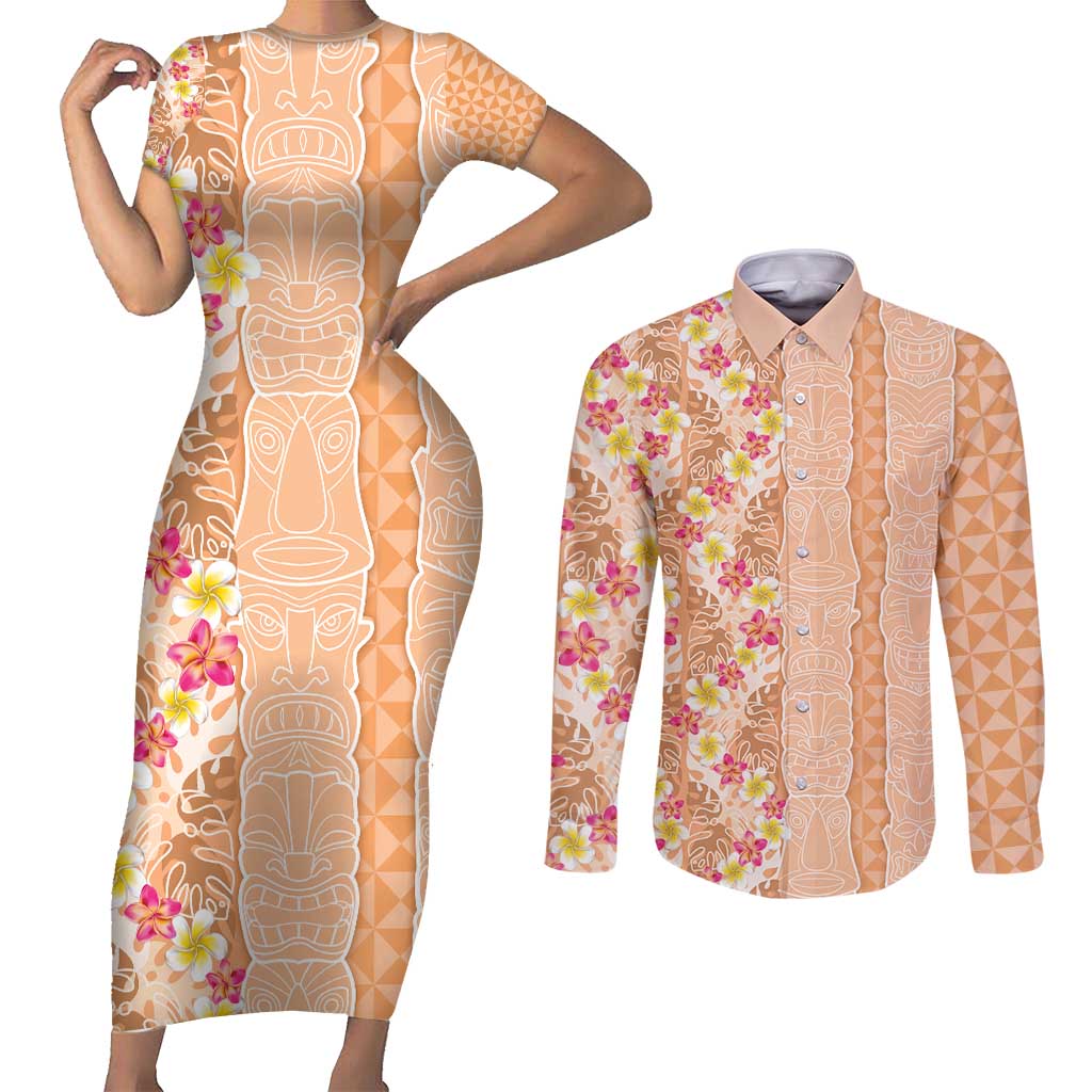 Orange Chiffon Aloha Hawaii Tiki Couples Matching Short Sleeve Bodycon Dress and Long Sleeve Button Shirt Tropical Plumeria - Seamless Style LT14 Orange - Polynesian Pride