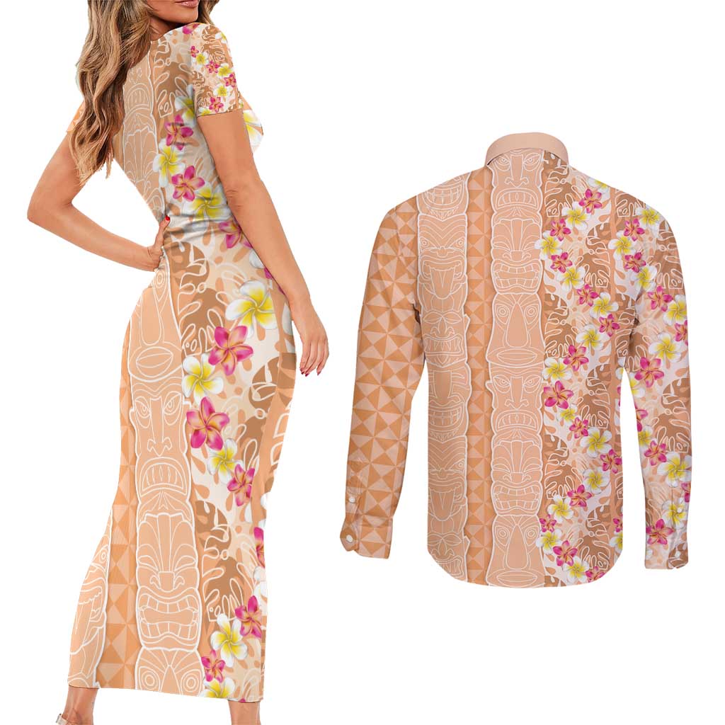 Orange Chiffon Aloha Hawaii Tiki Couples Matching Short Sleeve Bodycon Dress and Long Sleeve Button Shirt Tropical Plumeria - Seamless Style
