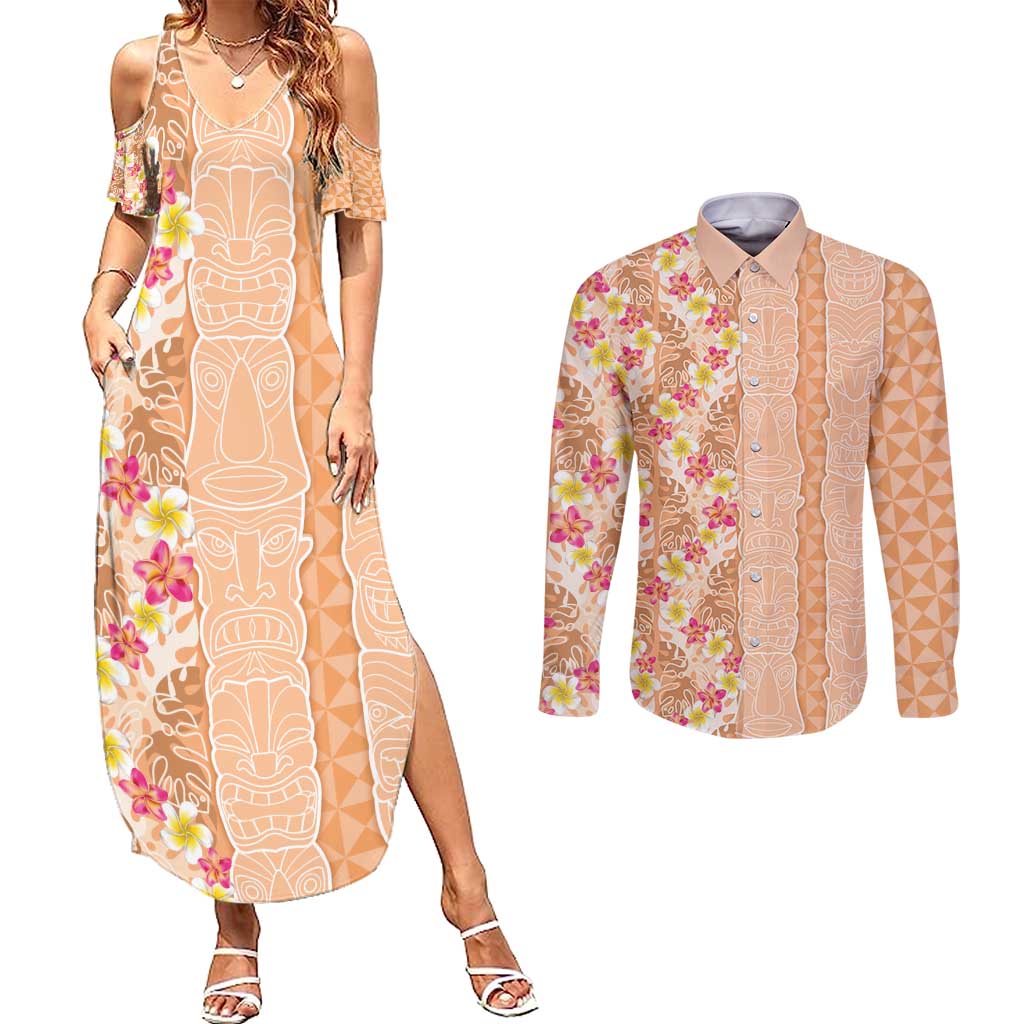 Orange Chiffon Aloha Hawaii Tiki Couples Matching Summer Maxi Dress and Long Sleeve Button Shirt Tropical Plumeria - Seamless Style LT14 Orange - Polynesian Pride