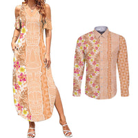Orange Chiffon Aloha Hawaii Tiki Couples Matching Summer Maxi Dress and Long Sleeve Button Shirt Tropical Plumeria - Seamless Style LT14 Orange - Polynesian Pride
