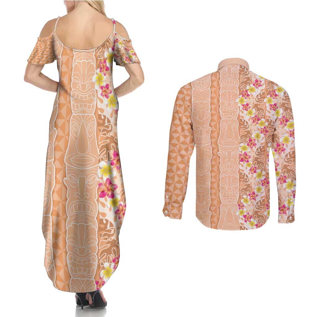 Orange Chiffon Aloha Hawaii Tiki Couples Matching Summer Maxi Dress and Long Sleeve Button Shirt Tropical Plumeria - Seamless Style LT14 - Polynesian Pride