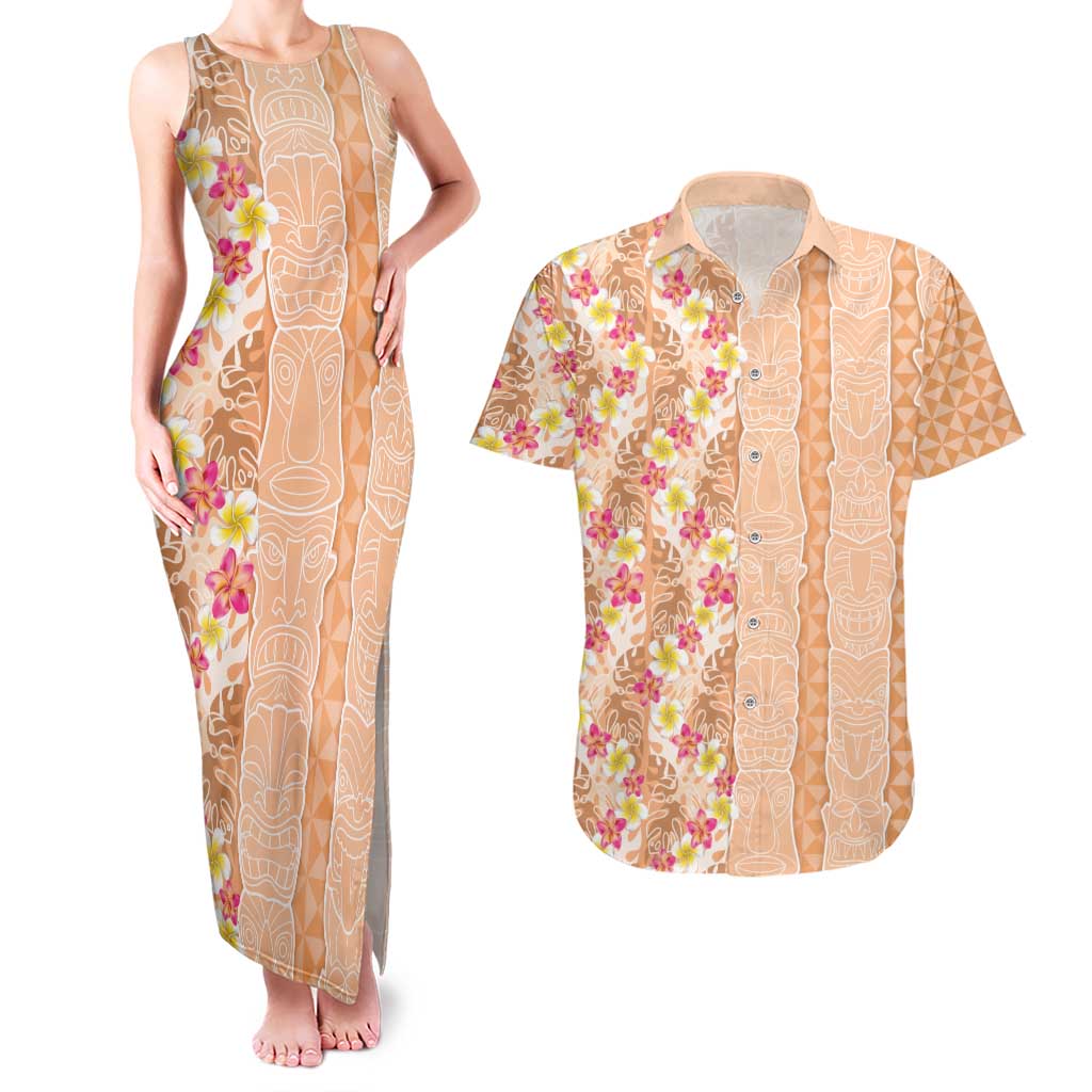 Orange Chiffon Aloha Hawaii Tiki Couples Matching Tank Maxi Dress and Hawaiian Shirt Tropical Plumeria - Seamless Style LT14 Orange - Polynesian Pride