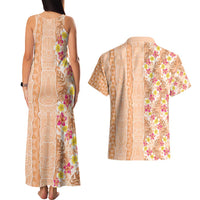 Orange Chiffon Aloha Hawaii Tiki Couples Matching Tank Maxi Dress and Hawaiian Shirt Tropical Plumeria - Seamless Style
