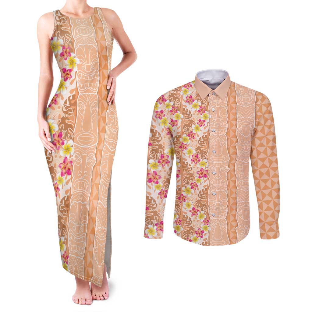 Orange Chiffon Aloha Hawaii Tiki Couples Matching Tank Maxi Dress and Long Sleeve Button Shirt Tropical Plumeria - Seamless Style