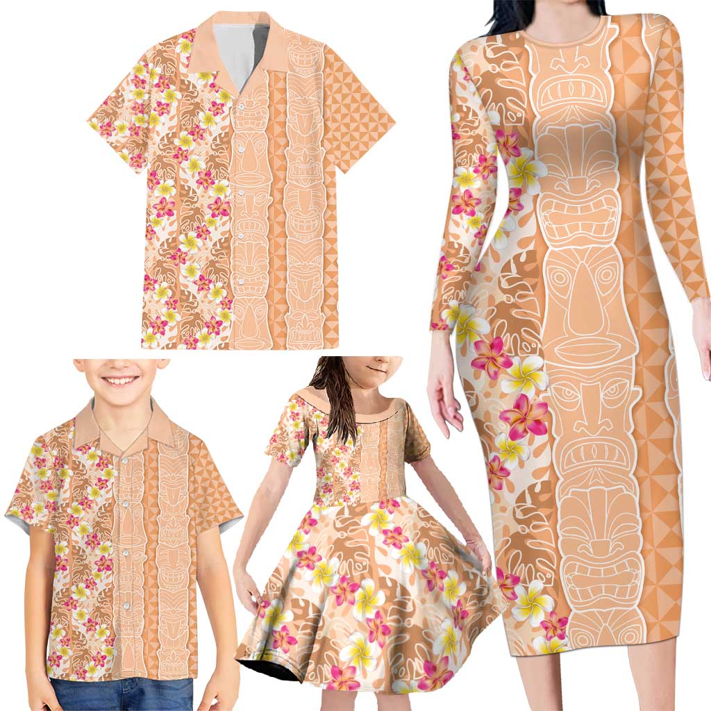 Orange Chiffon Aloha Hawaii Tiki Family Matching Long Sleeve Bodycon Dress and Hawaiian Shirt Tropical Plumeria - Seamless Style