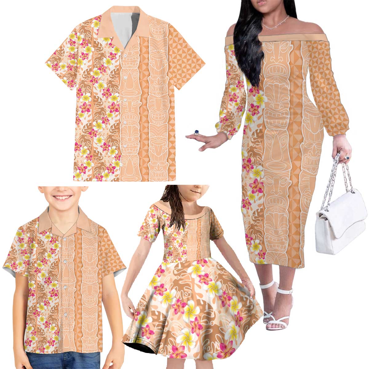 Orange Chiffon Aloha Hawaii Tiki Family Matching Off The Shoulder Long Sleeve Dress and Hawaiian Shirt Tropical Plumeria - Seamless Style