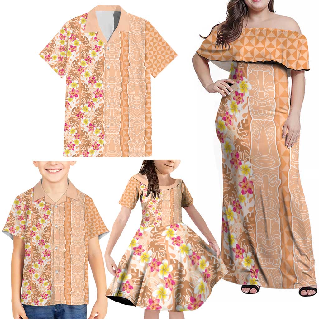 Orange Chiffon Aloha Hawaii Tiki Family Matching Off Shoulder Maxi Dress and Hawaiian Shirt Tropical Plumeria - Seamless Style