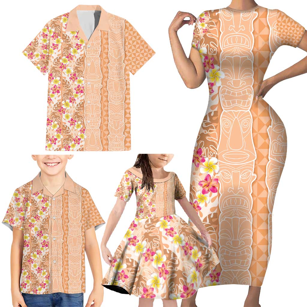 Orange Chiffon Aloha Hawaii Tiki Family Matching Short Sleeve Bodycon Dress and Hawaiian Shirt Tropical Plumeria - Seamless Style